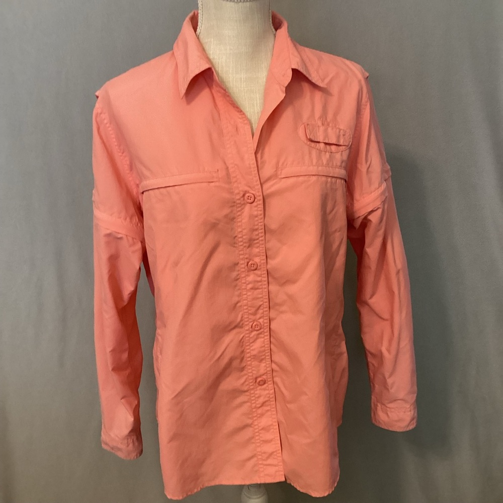 Cabelas Guidewear Shirt Womens Large Coral Long Sleeve Button Up Vented Nylon